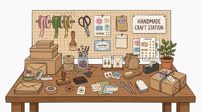Handmade Craft Station: A cozy and organized desk laden with various craft supplies, including ribbons, scissors, stamps, twine, and packaging materials, ready for creative projects.