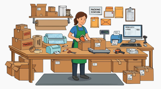 Shipping Station in Action: A cheerful worker is busy at a packing station, taping up a parcel surrounded by boxes, envelopes, and shipping supplies, illustrating a scene of logistical efficiency.