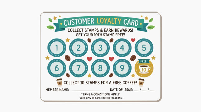 Customer Loyalty Card for Coffee Shop: A charming loyalty card design for a coffee shop, encouraging repeat business with a Collect Stamps & Earn Rewards! incentive.