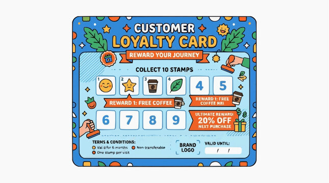 Customer Loyalty Card Design: A vibrant and engaging customer loyalty card design, encouraging repeat business with rewards like free coffee and discounts, fostering customer engagement.