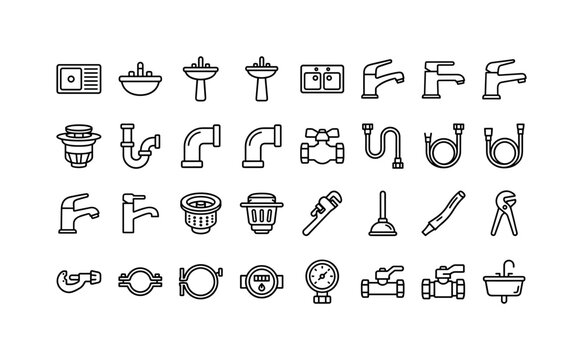 Sink Plumbing Fixtures. Line icon set of plumbing and sink: kitchen sink, bathroom basin, pedestal sink, double sink, faucet, mixer tap, drain stopper, pipe trap, pipe elbow, water valve, flexible