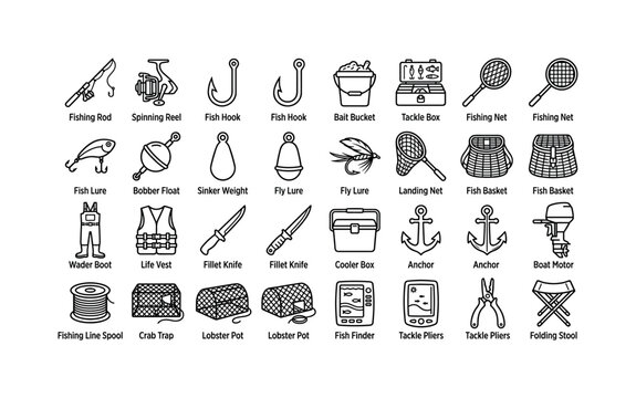 Coastal Fishing Tackle. Line icon set of fishery: fishing rod, spinning reel, fish hook, bait bucket, tackle box, fishing net, fish lure, bobber float, sinker weight, fly lure, landing net, fish