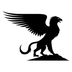Fototapeta premium griffin standing on a rock with wings spread, dramatic high contrast monochrome vector illustration in a bold modern graphic style
