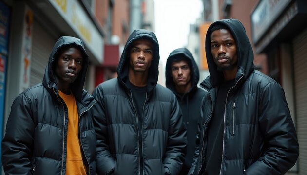 Four men stand close together on an urban street. They wear dark hooded puffer jackets. Their faces show serious expressions, looking ahead directly.