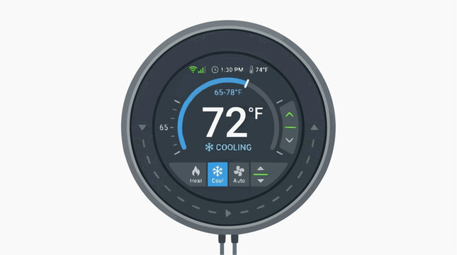 Smart Thermostat Display: A modern smart thermostat displays the current temperature and cooling mode on its circular digital interface, showcasing advanced home climate control technology.