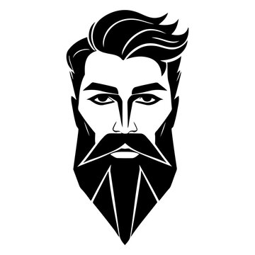 dramatic monochrome vector portrait of a man's face with long beard and mustache, featuring bold geometric shapes and sharp lines in a stylized minimalist style