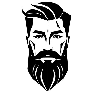 dramatic monochrome vector portrait of a man's face with a beard and mustache, stylized facial features and sharp lines in a bold geometric style, slicked-back