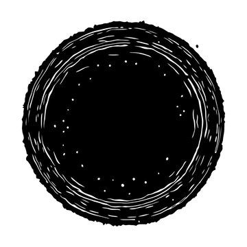 abstract circular composition with white streaks and dots, minimalist monochrome black and white illustration with stark contrast, scribbled white lines