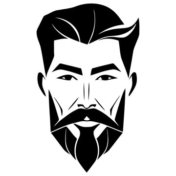 stylized monochrome vector illustration of a man's face with mustache and beard, dramatic bold lines and geometric shapes in a minimalist symmetrical