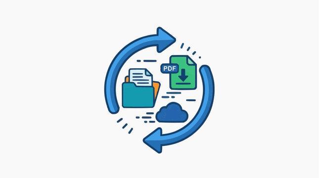 Document Workflow and Cloud Sync: A visual representation of document management and data synchronization, showing a folder, a PDF download icon, and a cloud, all within a circular arrow flow.