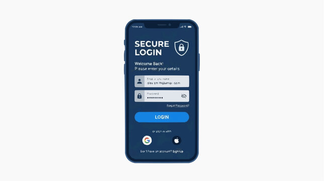 Secure Login Interface: A smartphone displays a secure login screen, emphasizing privacy and digital security with a prominent shield icon and input fields.