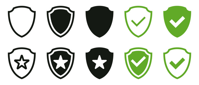 Security Shield Check and Star Icon Collection : Security shield icon set with plain, check, and star variations for protection, approval, trusted quality, safety labels, and defense.