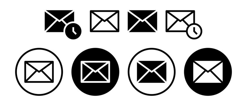 Envelope Mail Notification Icon Collection : Envelope mail icon set with open, closed, and timed notification styles suited to inbox, newsletter, message alerts, and contact interfaces.