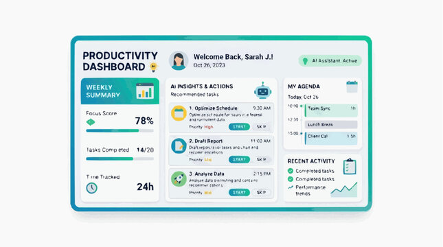 Productivity Dashboard: A clean and modern digital dashboard displaying key performance indicators, tasks, and recent activity to enhance productivity and workflow management.