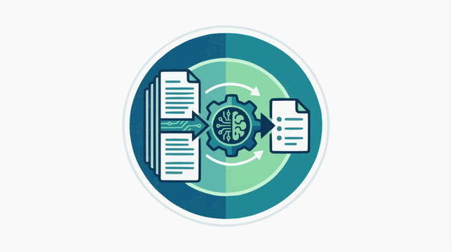 Data Processing Workflow: A stylized icon illustrating a seamless data processing workflow, showing documents being fed into a central gear mechanism and outputting a structured list.