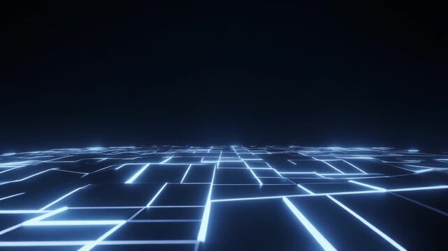 Glowing blue grid lines illuminate a dark futuristic cityscape at night