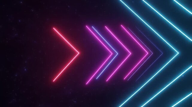 Neon arrows glow brightly in a dark space with blue and pink lights pointing right