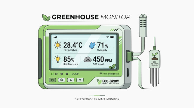 Greenhouse Monitor Display: This illustration showcases a digital greenhouse monitor, displaying vital environmental data like temperature, humidity, soil moisture, and CO2 levels.
