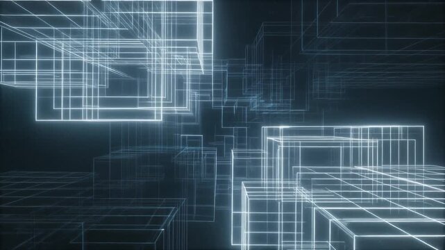 Glowing blue lines form geometric shapes in a dark digital environment.
