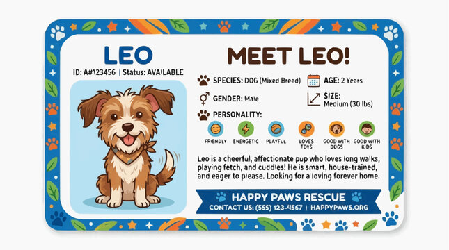 Meet Leo, a Cheerful Mixed-Breed Dog Available for Adoption: This charming adoption card introduces Leo, a medium-sized, 2-year-old male mixed-breed dog with a playful personality and a wagging tail.