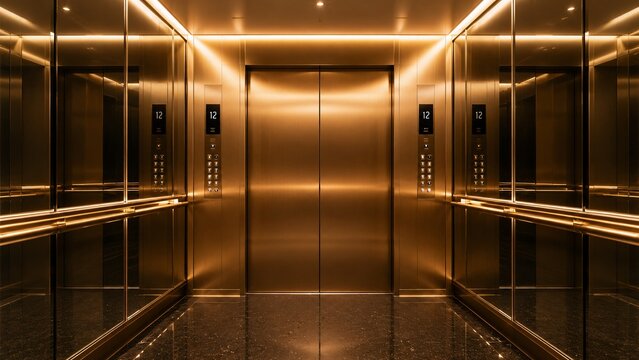 Interior view of a luxurious empty elevator cabin with golden metallic walls