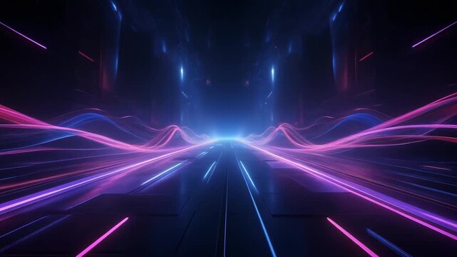 Vibrant neon lights streak across a dark futuristic cityscape at night