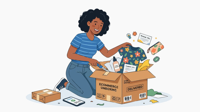 Woman Unboxing Delight: A cheerful woman excitedly unpacks a delivery box, revealing a colorful assortment of items, symbolizing the joy of online shopping and e-commerce.