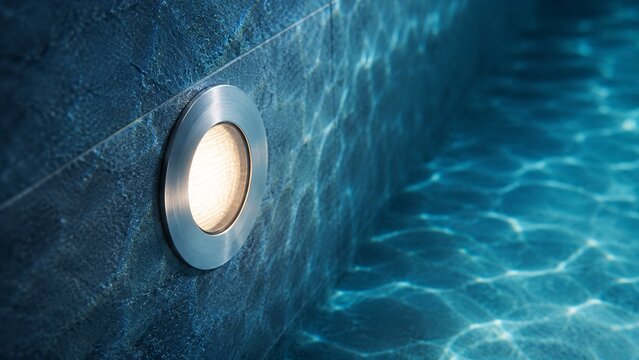 Underwater LED light illuminating a blue tiled swimming pool wall