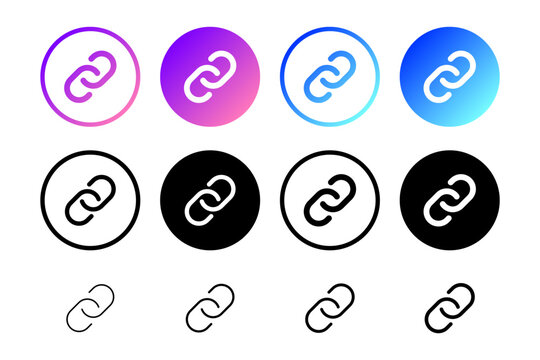 Gradient Link Attach Button Icon Collection : Chain link attachment button set in gradient, solid, and outline styles for connection, hyperlink, copy, share, and interface controls.