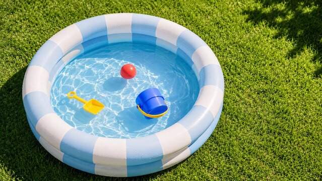 Colorful plastic inflatable kids swimming pool on green backyard grass