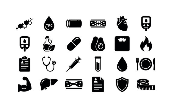 Lipid Health Glyphs. Solid glyph icon set of cholesterol and metabolic health: cholesterol molecule, triglyceride droplet, blood vessel, plaque buildup, heart, glucose meter, diabetes monitor, olive