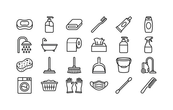 Clean Care Supplies. Line icon set of hygiene: soap bar, liquid soap bottle, towel, toothbrush, toothpaste tube, shampoo bottle, shower head, bathtub, toilet paper roll, tissue box, hand sanitizer