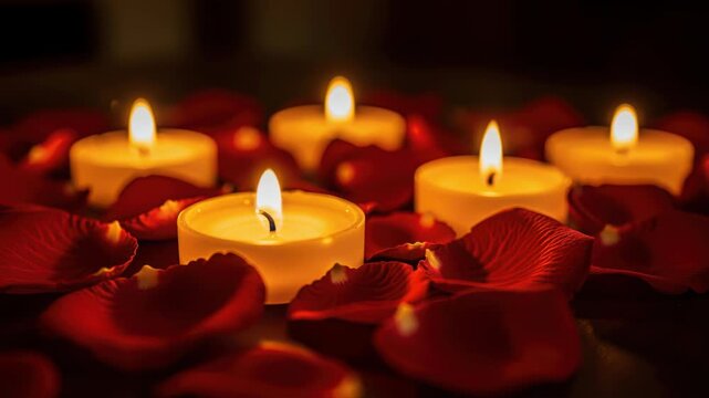 Romantic Ambiance: Tealight candles flicker gently amidst a bed of deep red rose petals, casting a warm, inviting glow that evokes feelings of love, intimacy, and tranquility.