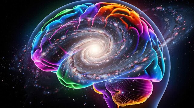 Cosmic Mindscape: A vibrant illustration depicts a human brain filled with a swirling galaxy, symbolizing the vastness of thought, creativity, and cosmic consciousness.