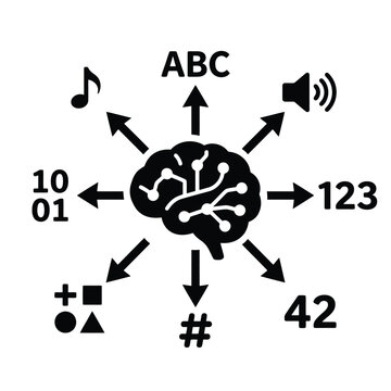 Brain with arrows pointing to various symbols and numbers