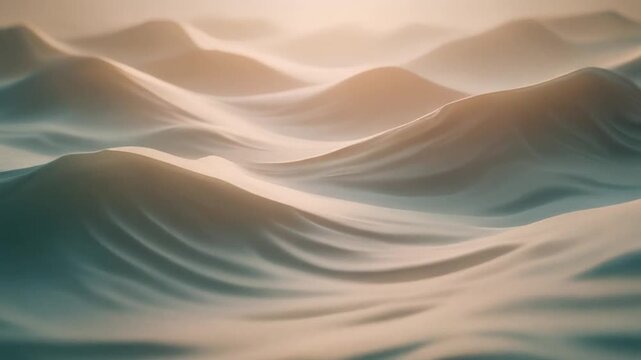 Sand dunes undulate under warm desert light at sunrise or sunset