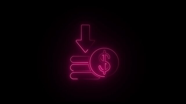 Neon pink dollar coin stack with downward arrow for financial growth and savings concept