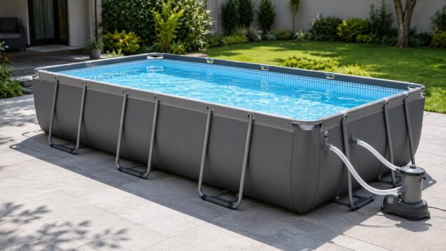 Rectangular metal frame above-ground swimming pool set up in a garden