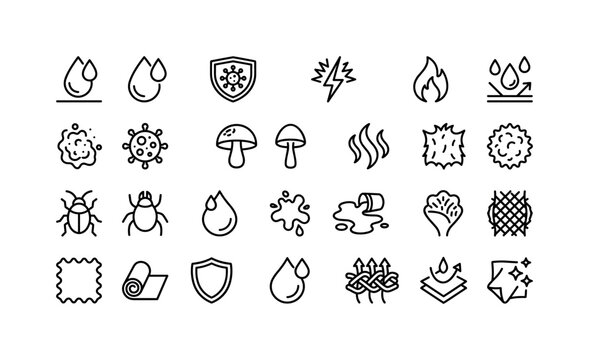 Fabric Protection Features. Line icon set of fabric material protection: waterproof droplet, sweat drop, antibacterial shield, antistatic spark, fire resistant flame, moisture barrier, dust particle,
