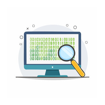 Computer screen with binary code and magnifying glass