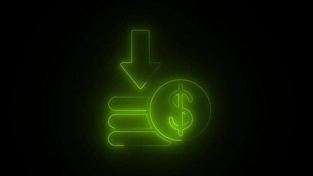 Neon green dollar coin stack with downward arrow animation for financial growth and savings concepts