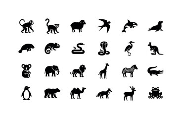 Fototapeta premium Wild Animal Glyphs. Solid glyph icon set of animal wildlife: monkey, lemur, sheep, swallow, killer whale, seal, manatee, chameleon, snake, cobra, heron, kangaroo, koala, elephant, lion, giraffe,