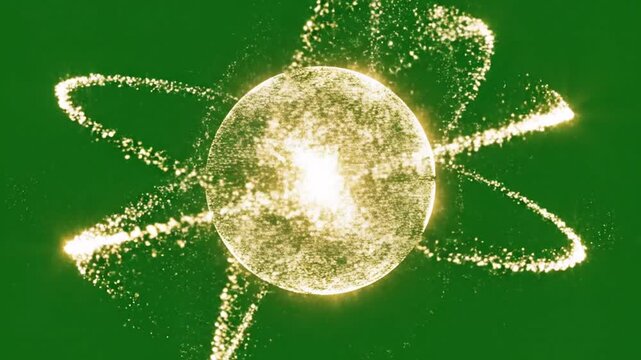 Glowing atomic structure with particle orbitals on dark green background conceptual science animation