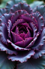 Obraz premium Close up of ornamental purple cabbage leaves with ruffled edges. Symmetrical layers create natural abstract pattern in shades of violet, blue. Plant detailed, organic, vibrant in garden setting.