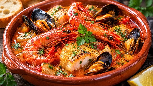 Rich Mediterranean seafood stew with jumbo shrimp, mussels and tomato broth