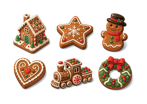 Gingerbread. Isometric flat vector icons set of Gingerbread: gingerbread house, gingerbread star, gingerbread snowman, gingerbread heart, gingerbread train, gingerbread wreath. Arrange all 6 isometric