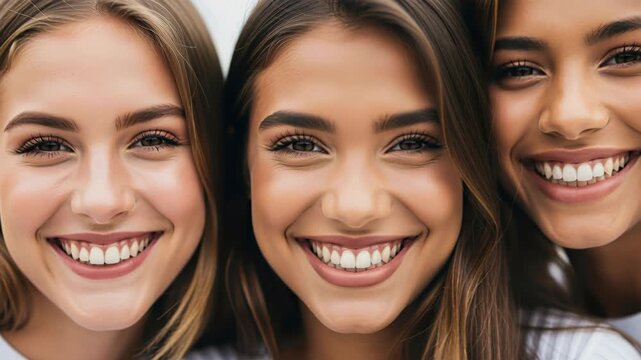 Smiling Faces of Friendship: Three young women of diverse backgrounds share a radiant smile, their eyes sparkling with happiness and connection, embodying the essence of true friendship.