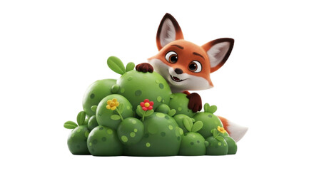 Obraz premium Cute fox peeking from behind green berries