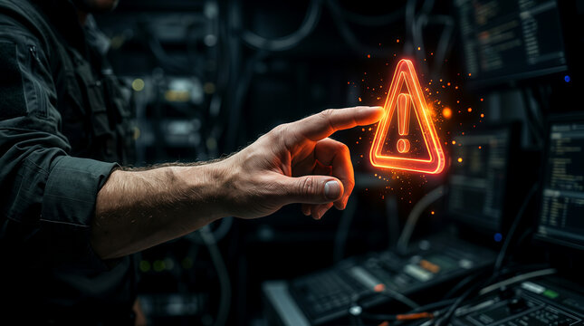 A hand touching glowing red cyber security warning hologram in server room