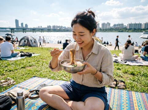 Picnic with Icy Naengmyeon Cold Noodles by Han River in Summer